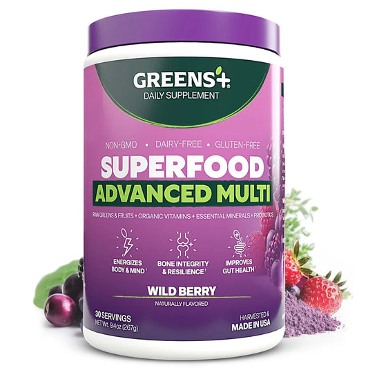 Greens+ Advanced Multi Wild Berry Superfood Powder, Organic Blend, Vegan, Non-GMO, Soy-Free, Dairy-Free, Gluten-Free, Dietary Supplement with Vitamins & Minerals, 9.4 oz Greens+Au supplements