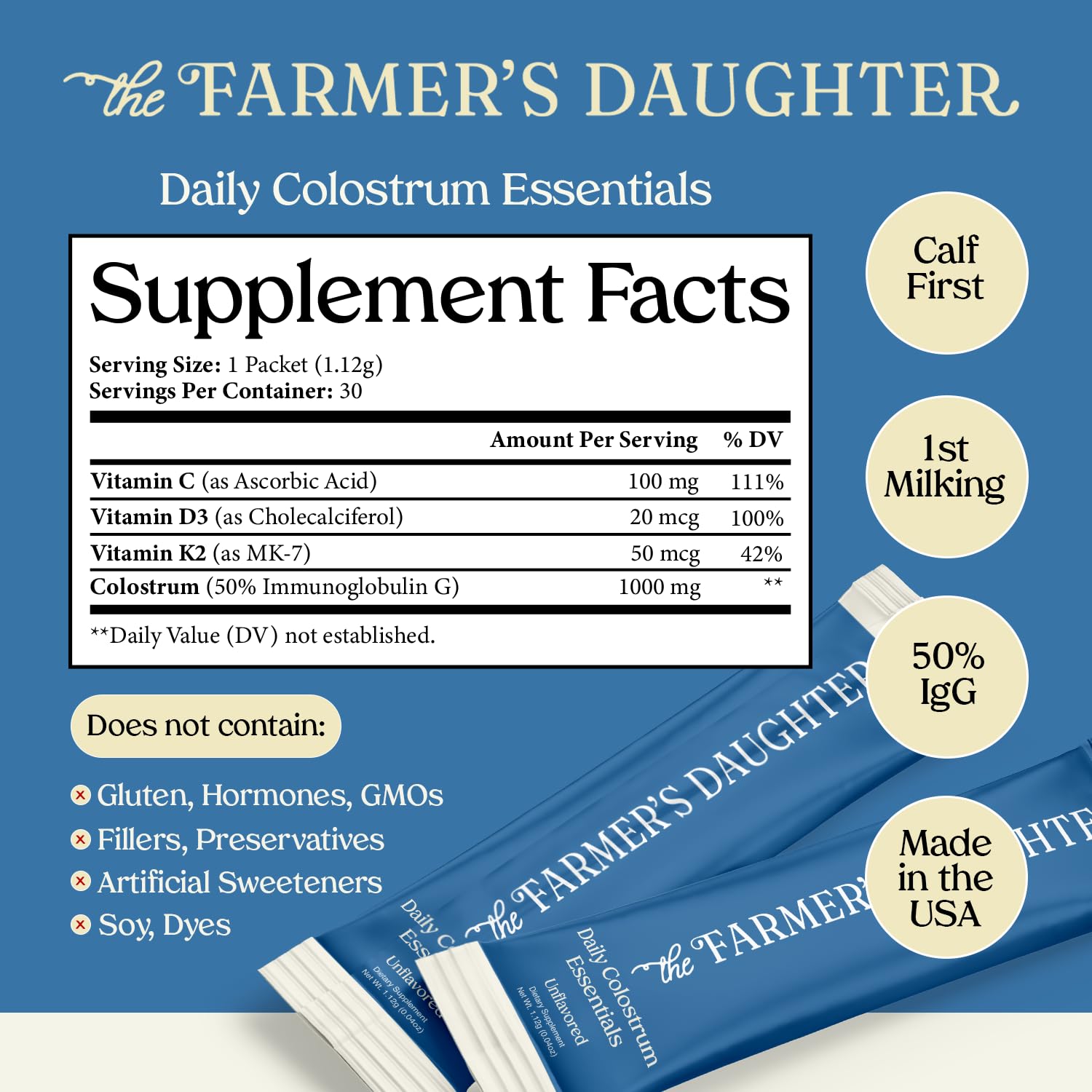 THE FARMER'S DAUGHTER Colostrum Powder | Unflavored | Gut Health & Bloating | Hair, Skin & Nails | Immunity Supplement | 30 Individual Travel Stick Packs THE FARMER'S DAUGHTER Au supplements