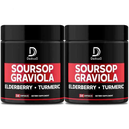 Two bottles of Deditca Soursop Graviola dietary supplement with black and red labels on a white background.