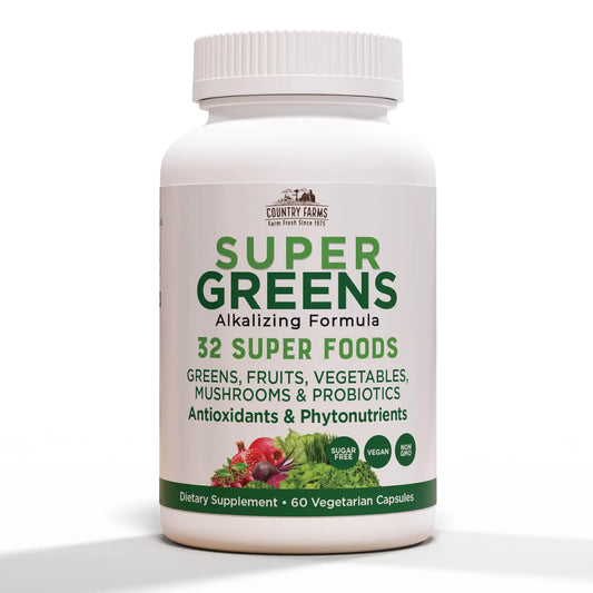 Country Farms Super Greens Vegicaps, 32 Super Foods, Whole Food Supplement, Greens, Fruit, Vegetables, Mushrooms & Probiotics, Rich in Antioxidants & Phytonutrients, 60 Count, 30 Servings Country FarmsAU supplements