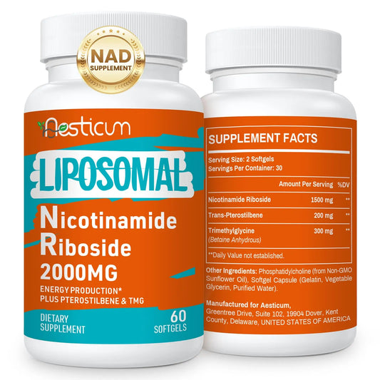 Aesticum 2000 MG Nicotinamide Riboside, NMNH Supplement Alternative, Liposomal Nicotinamide Riboside Supplement with TMG & Pterostilbene - NAD*, Energy, Focus, Immunity, Age Resist - 120 Softgels AesticumAU supplements