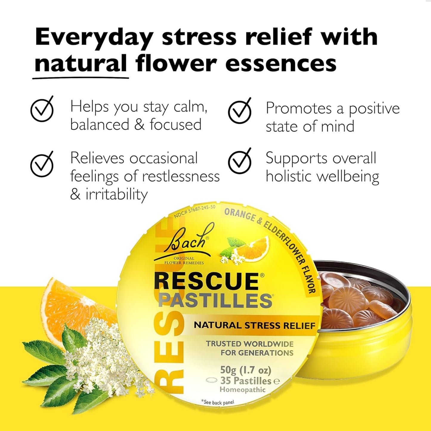 Bach Rescue PASTILLES, Orange and Elderflower Flavor, Natural Stress Relief Lozenges, Homeopathic Flower Essence, Vegetarian, Gluten & Sugar-Free, 35 Count RESCUE buy supplements Au