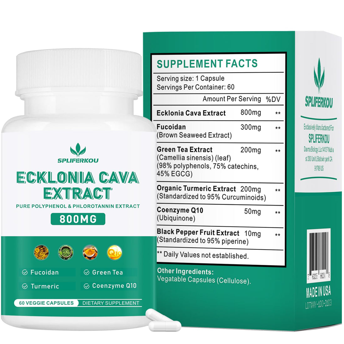 Spliferikou Ecklonia Cava Extract, 800mg, 60 Veggie Capsules with Fucoidan, Green Tea, Turmeric, CoQ10, Dietary Supplement Spliferkou Au supplements