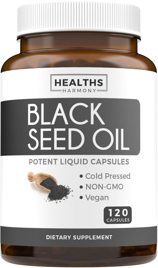 Black Seed Oil - 120 Softgel Capsules Skin Health (Non-GMO & Vegan) Cold-Pressed Nigella Sativa Producing Pure Black Cumin Seed Oil with Vitamin E Healths HarmonyAU supplements