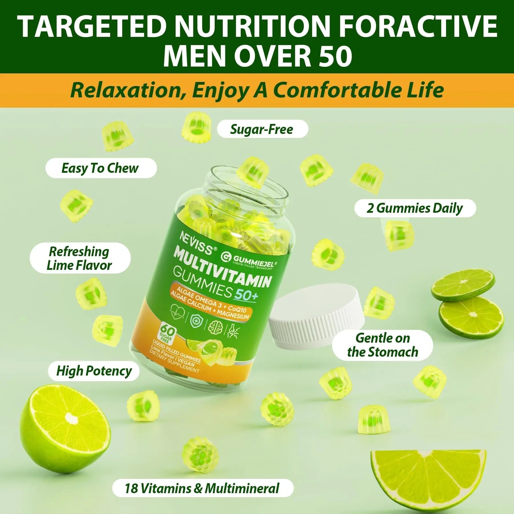 Multivitamin for Men 50 + Plus, Sugar Free Men Multivitamins Gummies w/Omega-3, Coq10, D3k2, Calcium, Magnesium NEVISS Au supplements