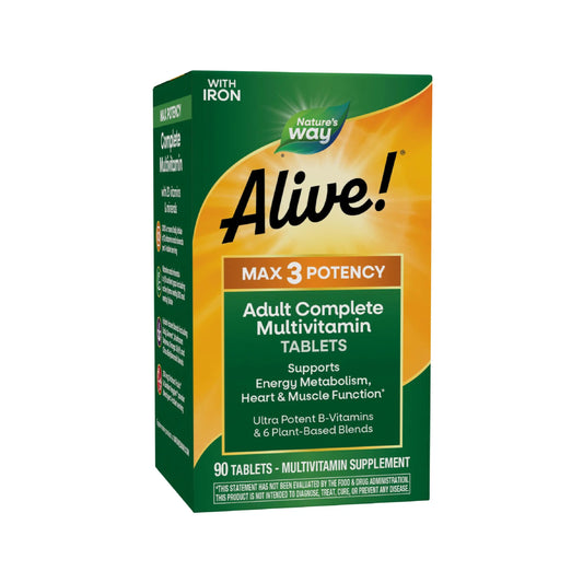 Nature's Way Alive! Max3 Potency Daily Multivitamin, Methylated B12 and Folate, Ultra Potency B-vitamins to Support Energy Metabolism*, 90 Tablets Nature's WayAU supplements