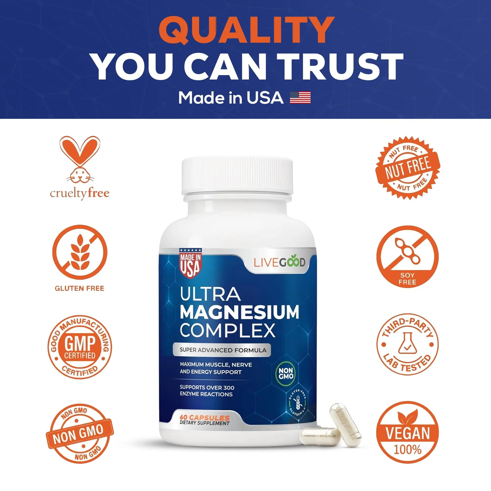 LiveGood™ Ultra Magnesium Complex, Organic Magnesium Glycinate and Gluconate for Muscle Recovery, Nerve Support & Relief – High Absorption Supplement, Vegan, Non-GMO, Made in USA, 60 Capsules LIVEGOOD Au supplements