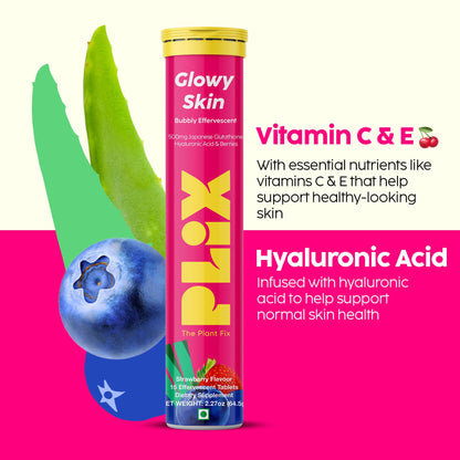 PLIX Glowy Skin 500mg Glutathione Supplement with Hyaluronic Acid, Vitamin C, E & Berries | 30 Effervescent Tablets, Strawberry Flavor PLIX - THE PLANT FIXAu supplements