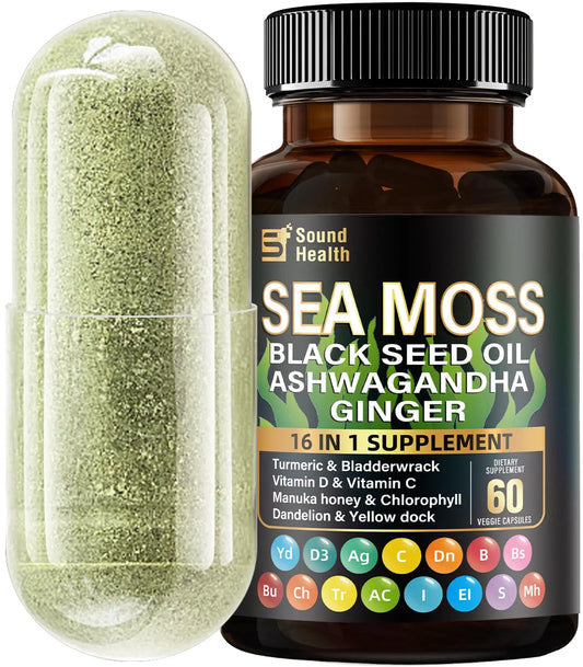 Sea Moss Capsules with Ashwagandha, Turmeric, Bladderwrack, Vitamins C & D for Natural Energy, Sleep Support & Hair Growth, 1200mg Herbal Blend, for Man & Women, Third-Party Tested，16-in-1 Supplement SoundHealthAU supplements