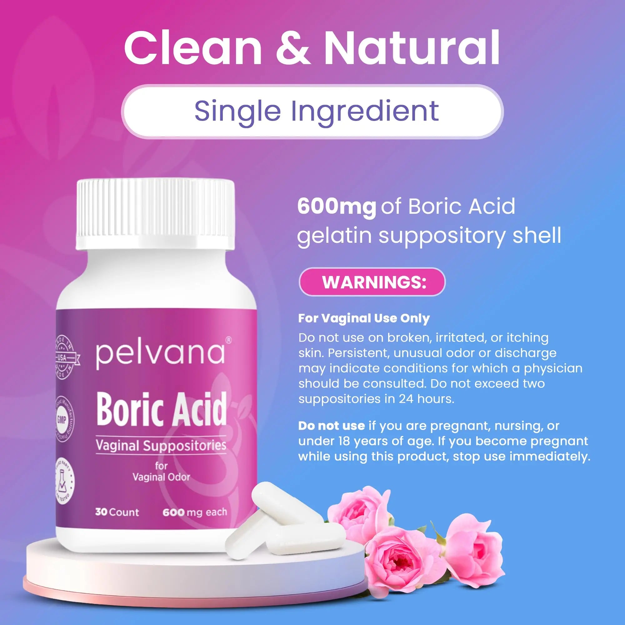 Pelvana Boric Acid Suppositories for Women - 30 Count - 600mg Boric Acid Capsules for Vaginal Odor Use Pelvana Au supplements