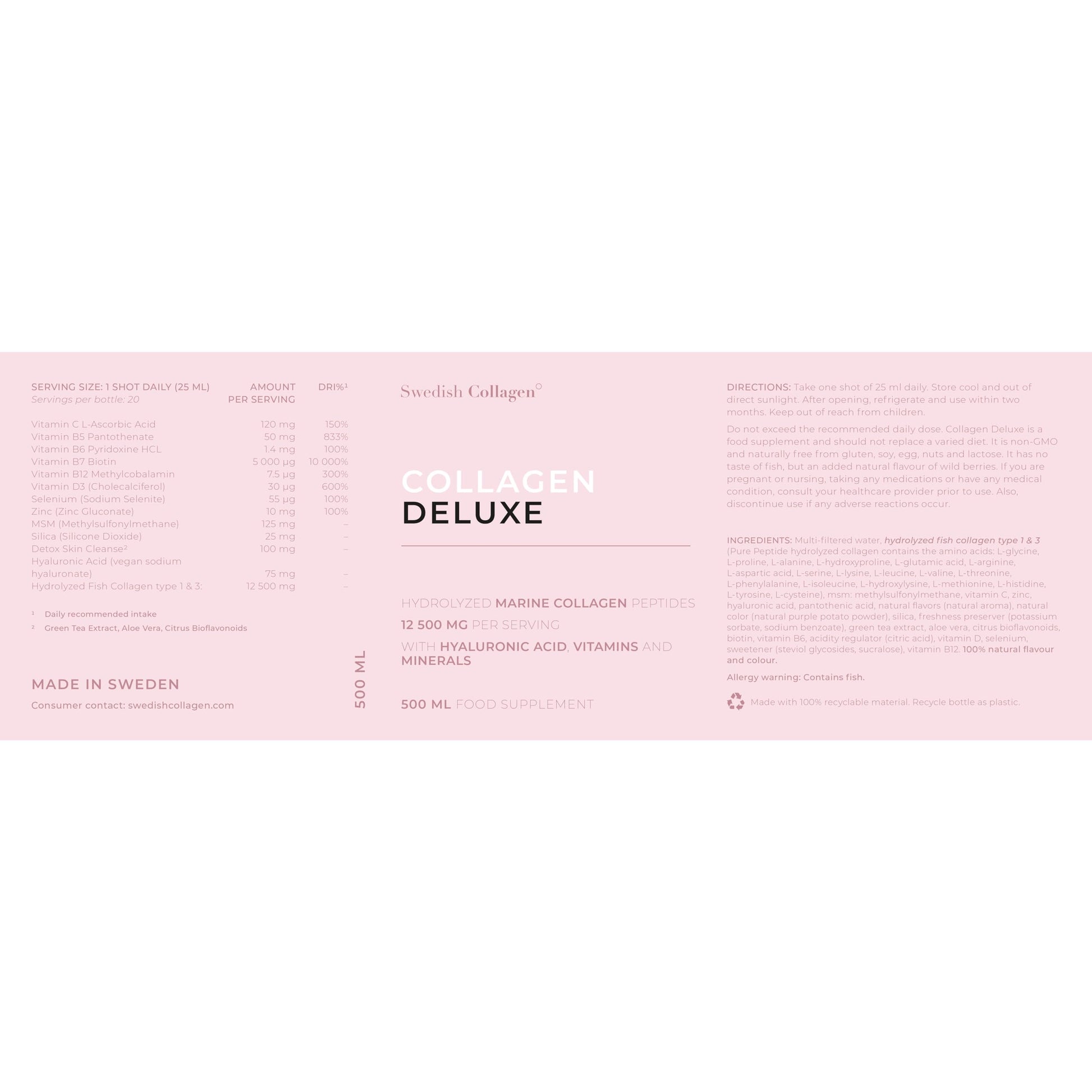 Swedish Collagen - 12500mg Collagen Deluxe 500ml I Hydrolyzed Marine Collagen Peptides (Type I & III) Swedish Collagen Au supplements