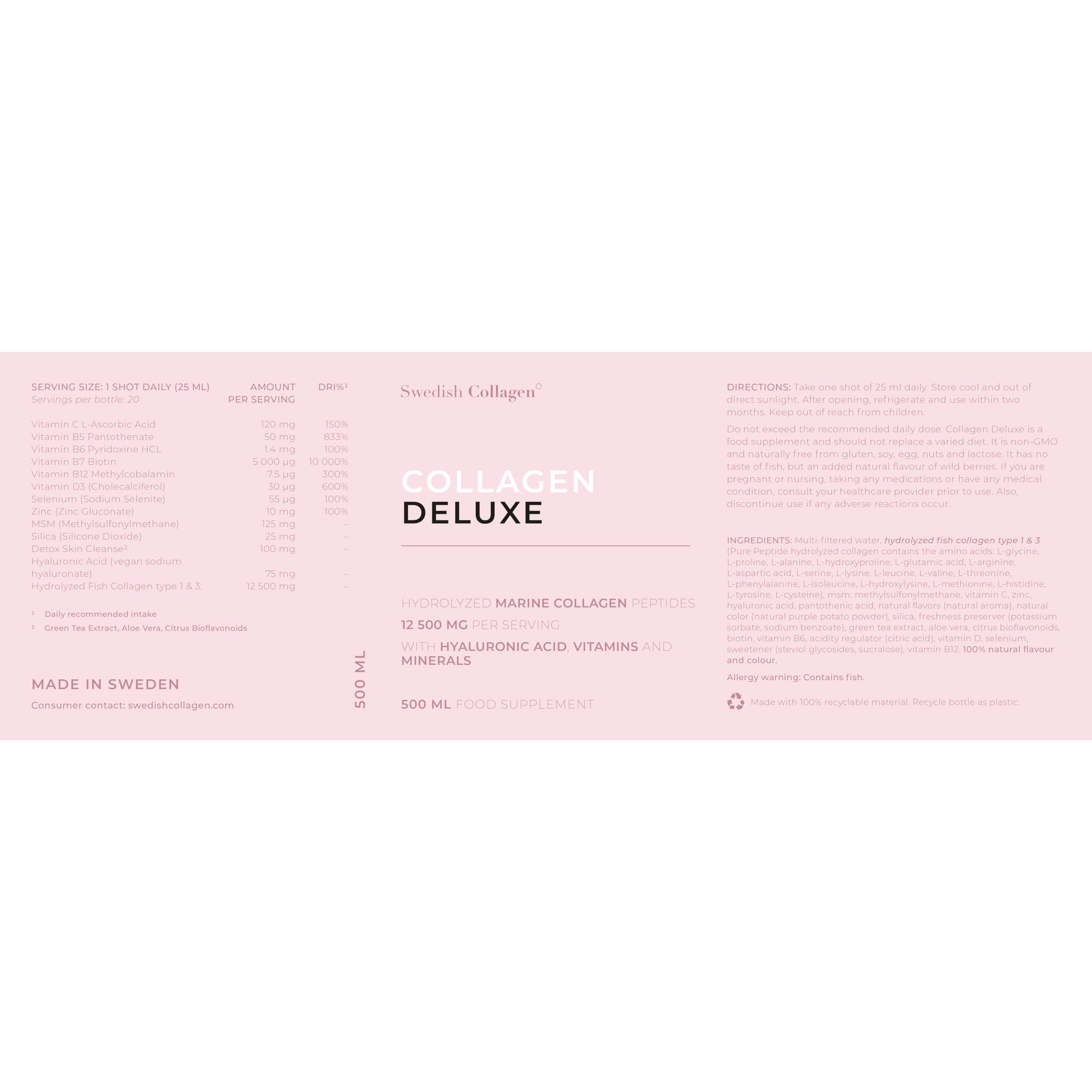 Swedish Collagen - 12500mg Collagen Deluxe 500ml I Hydrolyzed Marine Collagen Peptides (Type I & III) Swedish Collagen Au supplements
