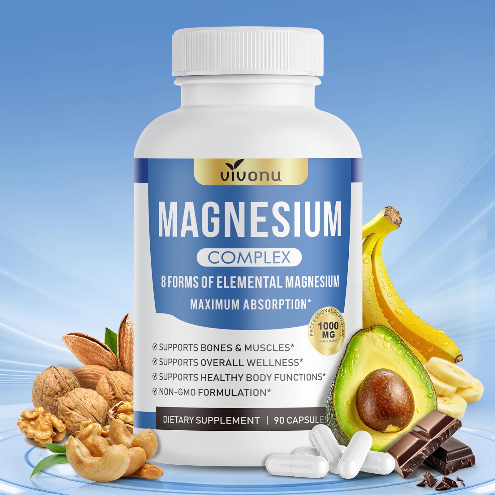 1000mg Magnesium Complex for Women & Men*, 8 Elemental with Magnesium Glycinate, Citrate, Malate, Taurate, Oxide, Carbonate, Aspartate, Orotate for Bones, Muscle, Recovery, Energy, Vegan, 90 Capsules VivoNu Au supplements