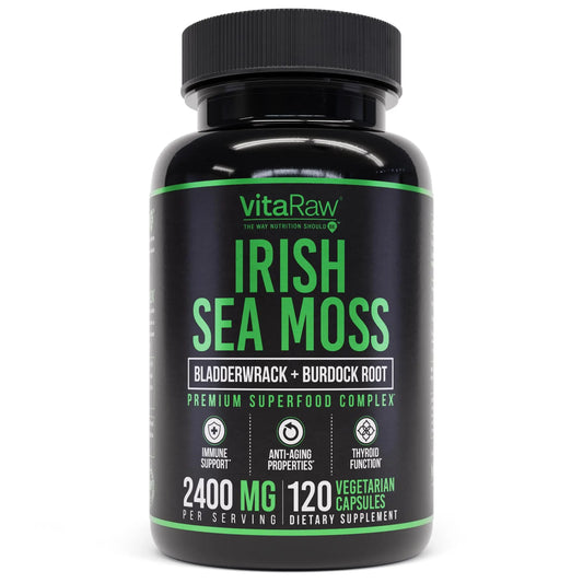 VitaRaw Organic Irish Sea Moss Capsules 2400 mg - Burdock Root and Bladderwrack Powder Real Seamoss Pills for Immune Support, Joint and Gut Health Help - Raw Sea Moss Advanced Herbal Supplement VitaRawAU supplements