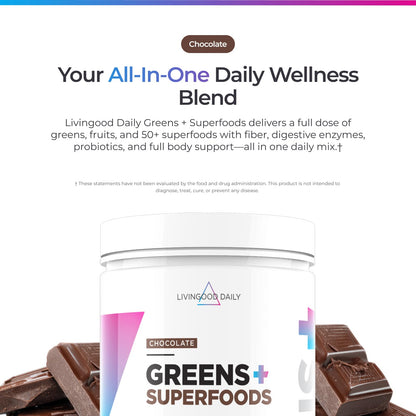 Livingood Daily Greens & Superfood Powder, Super Greens for Gut Health, Green Juice Powder with Spirulina, Chlorella, and Digestive Enzymes, Probiotics for Digestive Support, Chocolate, 30 Servings Livingood DailyAu supplements