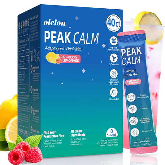 40 Count Super Cortisol Calm Drink with Magnesium Glycinate, Ashwagandha, L-Theanine & Vitamin D3 |Magnesium glycinate Powder for Relaxation, Focus & Sleep Support | Raspberry Lemonade | No Sugar OLELONAU supplements