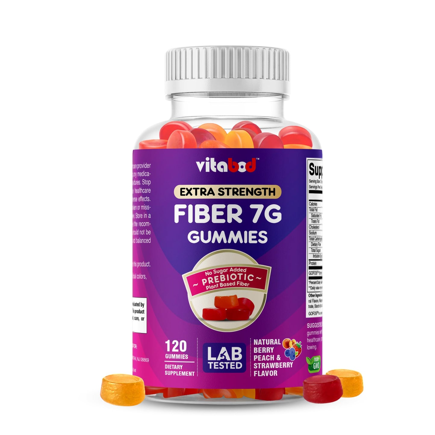 Vitabod Fiber Gummies 7G Per Serving for Digestive Health & Regularity, Prebiotic GOFOS™ Plant-Based Fiber, No Sugar Added, Vegan, Berry Peach Strawberry, 120 Gummies (Adults, Women & Men) VitabodUS supplements