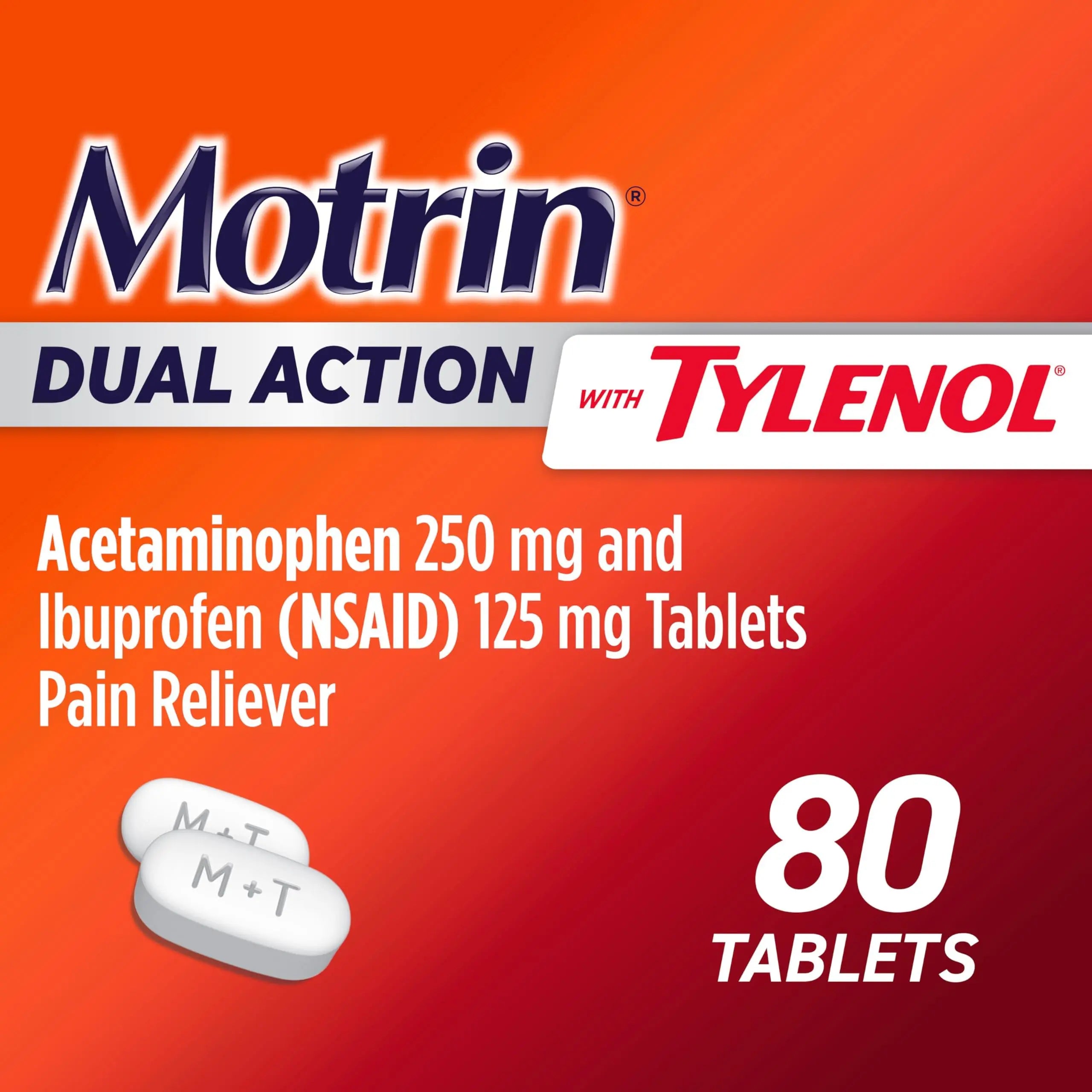 Motrin Dual Action with Tylenol, Fast-Acting Dual Action Pain Reliever with Ibuprofen & Acetaminophen for Minor Aches & Pains, Ibuprofen (NSAID) 125 mg & Acetaminophen 250 mg, 80 ct Motrin Au supplements