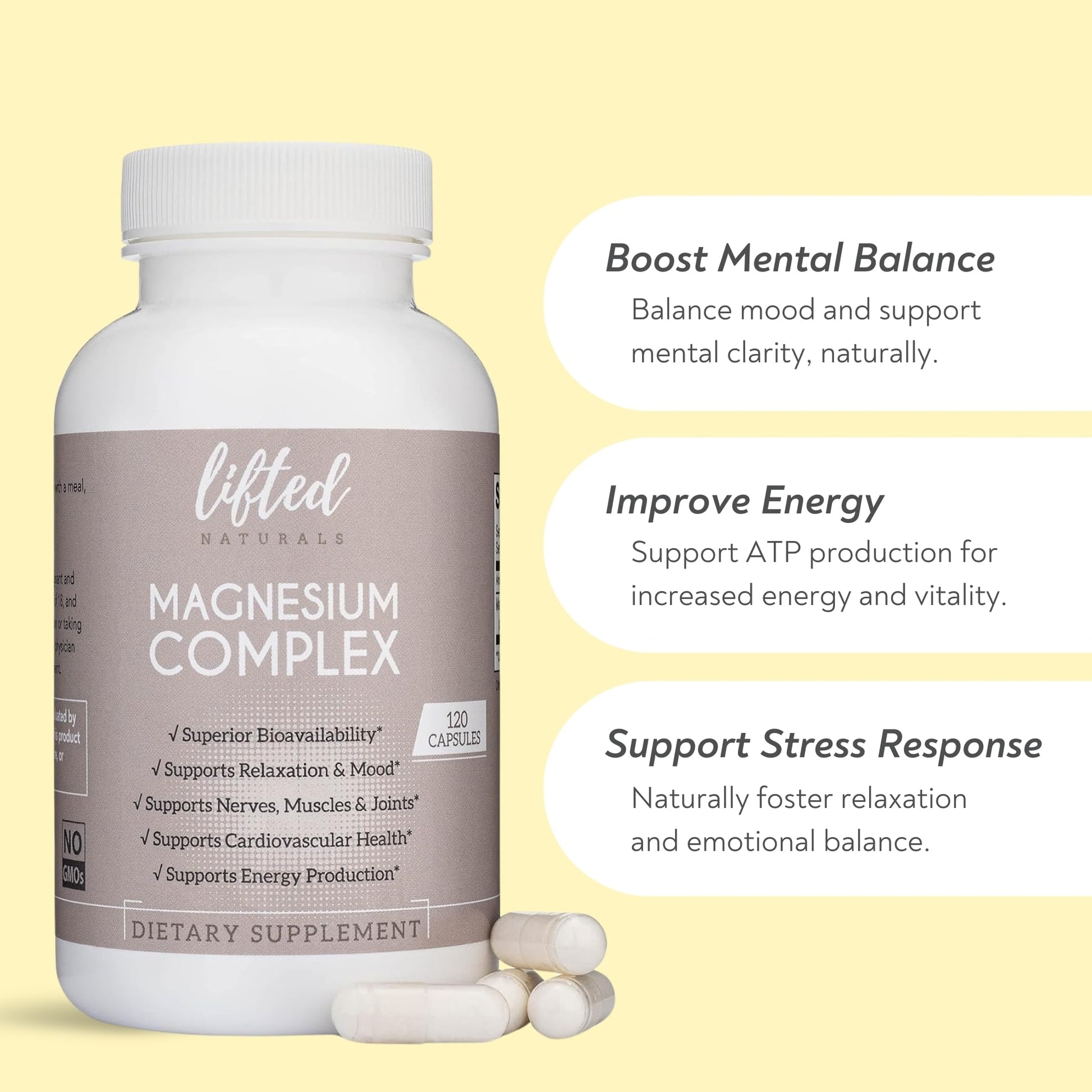 Magnesium Complex - Lifted Naturals Magnesium Supplement w/Bisglycinate, Malate, Taurate - 120 Capsules - Bioavailable Magnesium Formula for Mood, Sleep, Energy Support* Lifted Naturals Au supplements