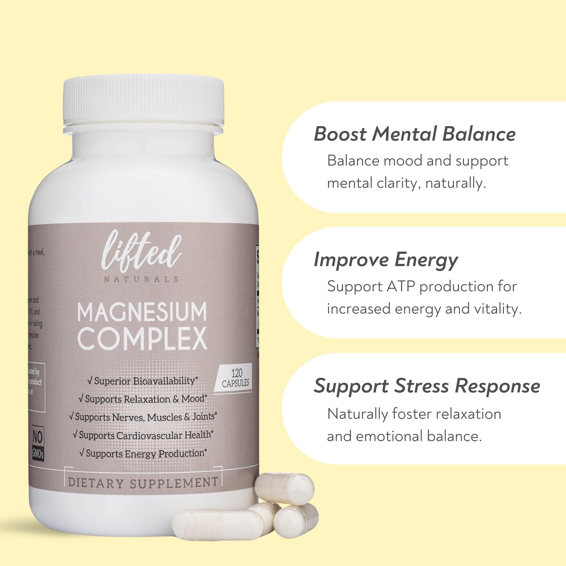 Magnesium Complex - Lifted Naturals Magnesium Supplement w/Bisglycinate, Malate, Taurate - 120 Capsules - Bioavailable Magnesium Formula for Mood, Sleep, Energy Support* Lifted Naturals Au supplements