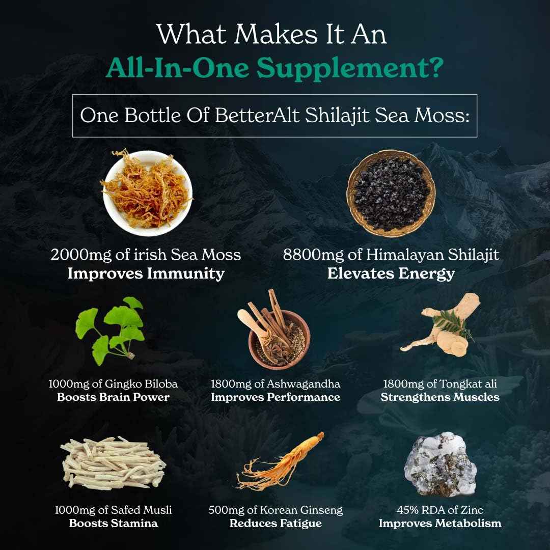 Better Alt Shilajit Sea Moss Capsules Pack of 2 with Ashwagandha & Black Pepper Extract with 85+ Essential Minerals & Antioxidants| Boosts Energy & Metabolism - 120 Servings, 240 Capsules Better Alt Au supplements
