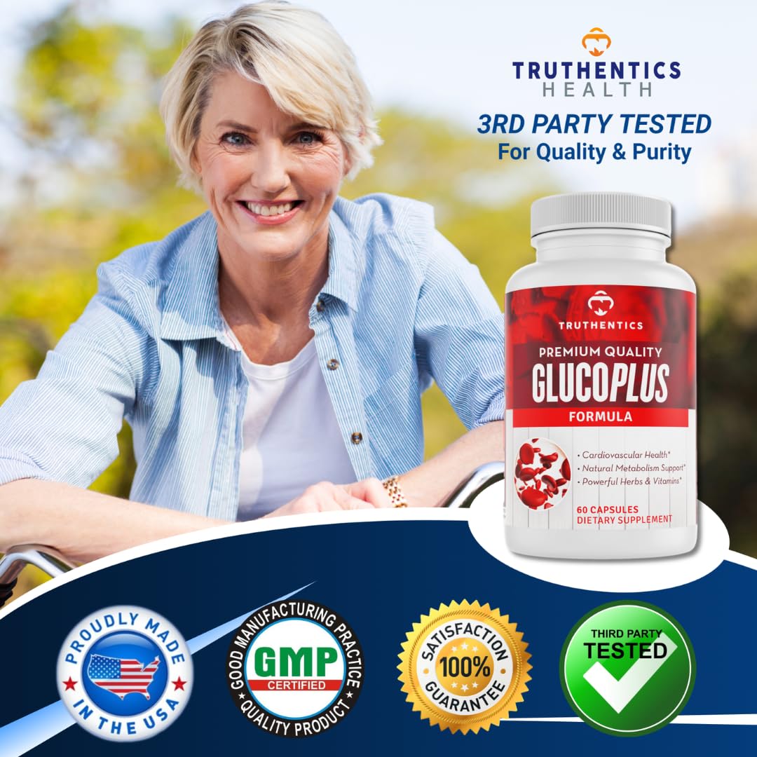 TRUTHENTICS GlucoPlus - 20 Herbs, Vitamins & Minerals with Cinnamon, Chromium, Vanadium, Bitter Melon, Alpha Lipoic Acid, Magnesium - Gluten Free, Non-GMO - 60 Capsules TRUTHENTICS Au supplements