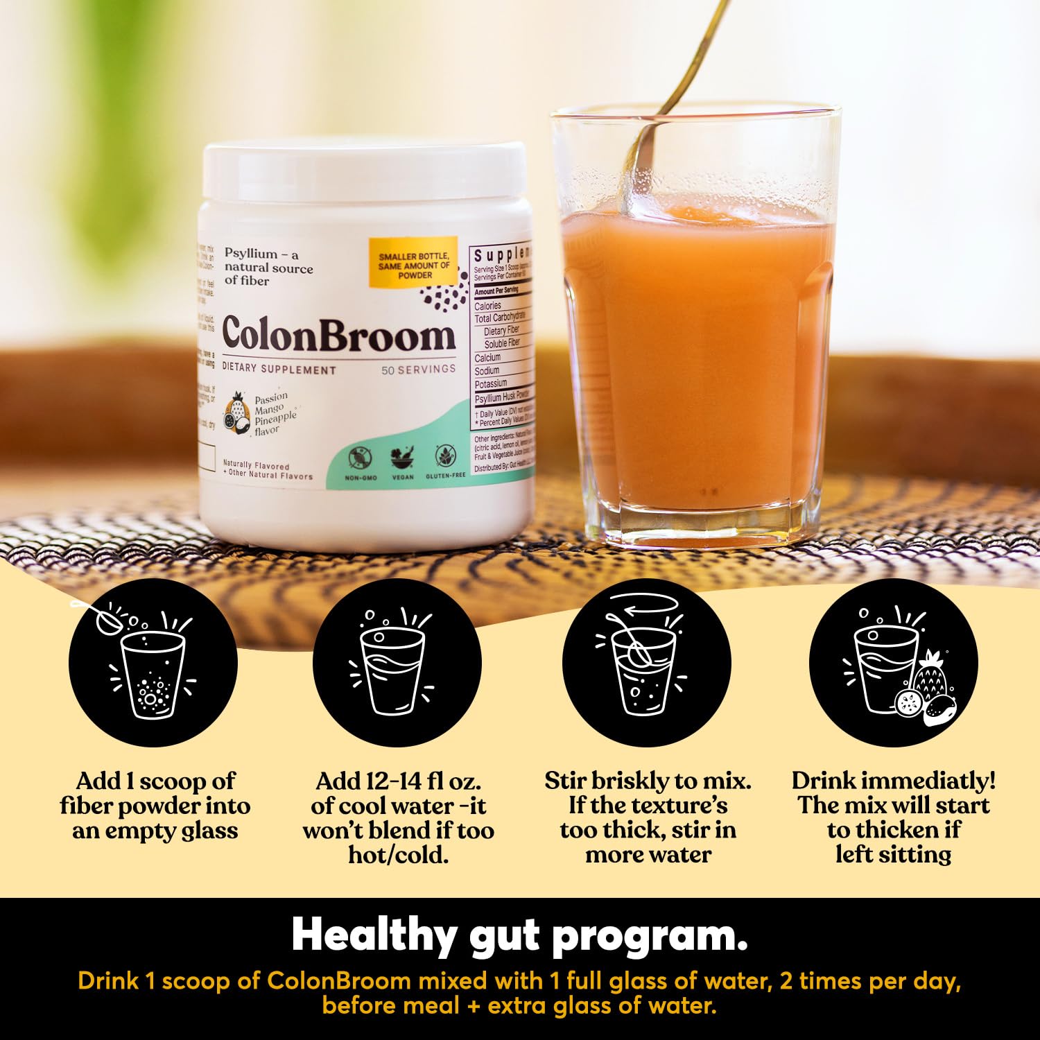 ColonBroom Psyllium Husk Powder with Stevia (Tropical Fruits) - Colon Cleanse for Bloating Relief & Gut Health - Colon Broom Fiber Powder Drink - Vegan Fiber Powder Stevia Supplement, 100 Servings ColonBroom Au supplements