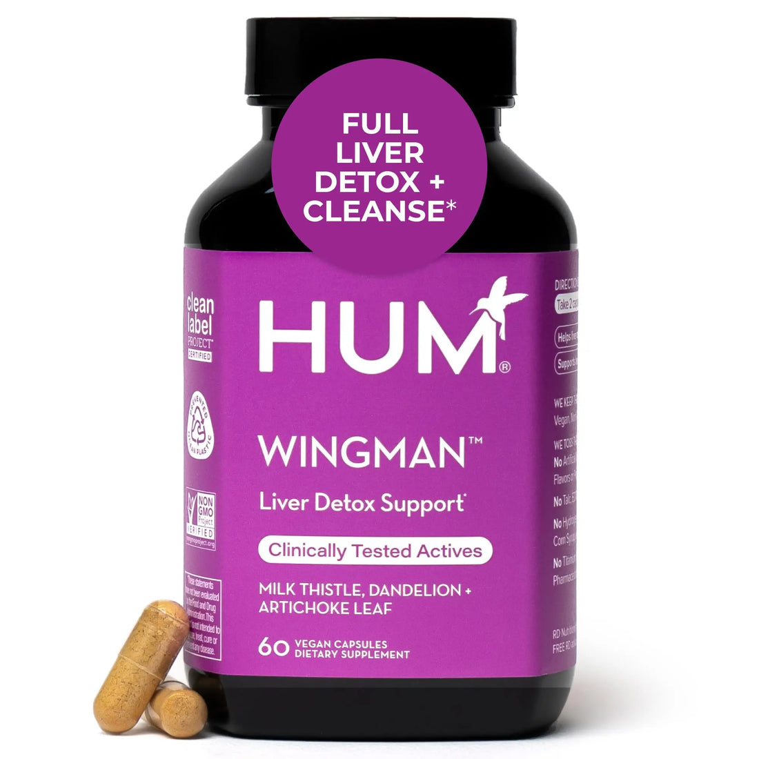 HUM Wing Man Liver Support Supplement with Milk Thistle, Dandelion Root Powder & Artichoke Leaf Extract For Liver Health & Function Support, Milk Thistle Supplement Helps Flush Out Toxins, 60 Capsules HUM Au supplements