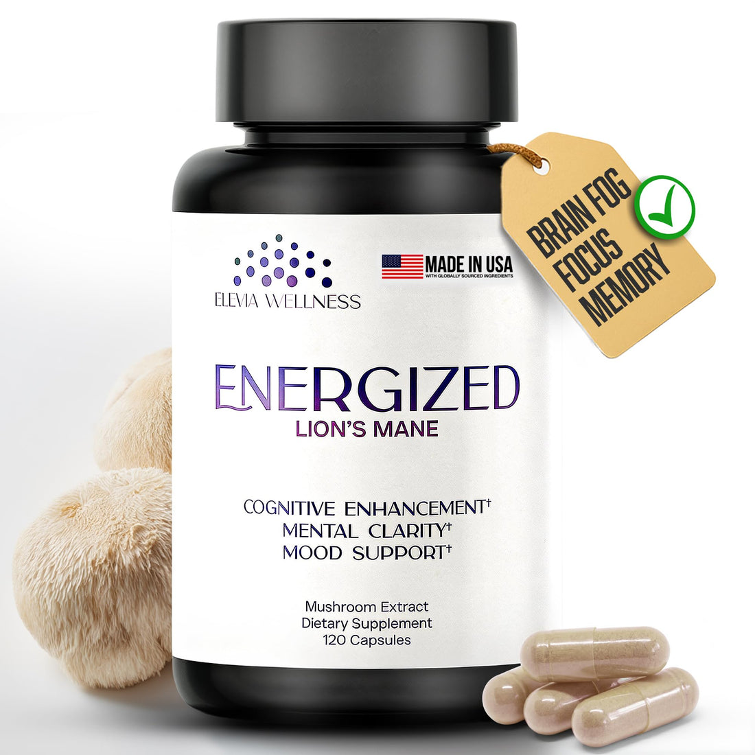 Energized Lions Mane Supplement Capsules (120ct),Brain Supplements for Memory and Focus, Nootropic for Brain Fog Relief Made in USA,30% Polysaccharides,Natural Brain Health Support Elevia Wellness Au supplements