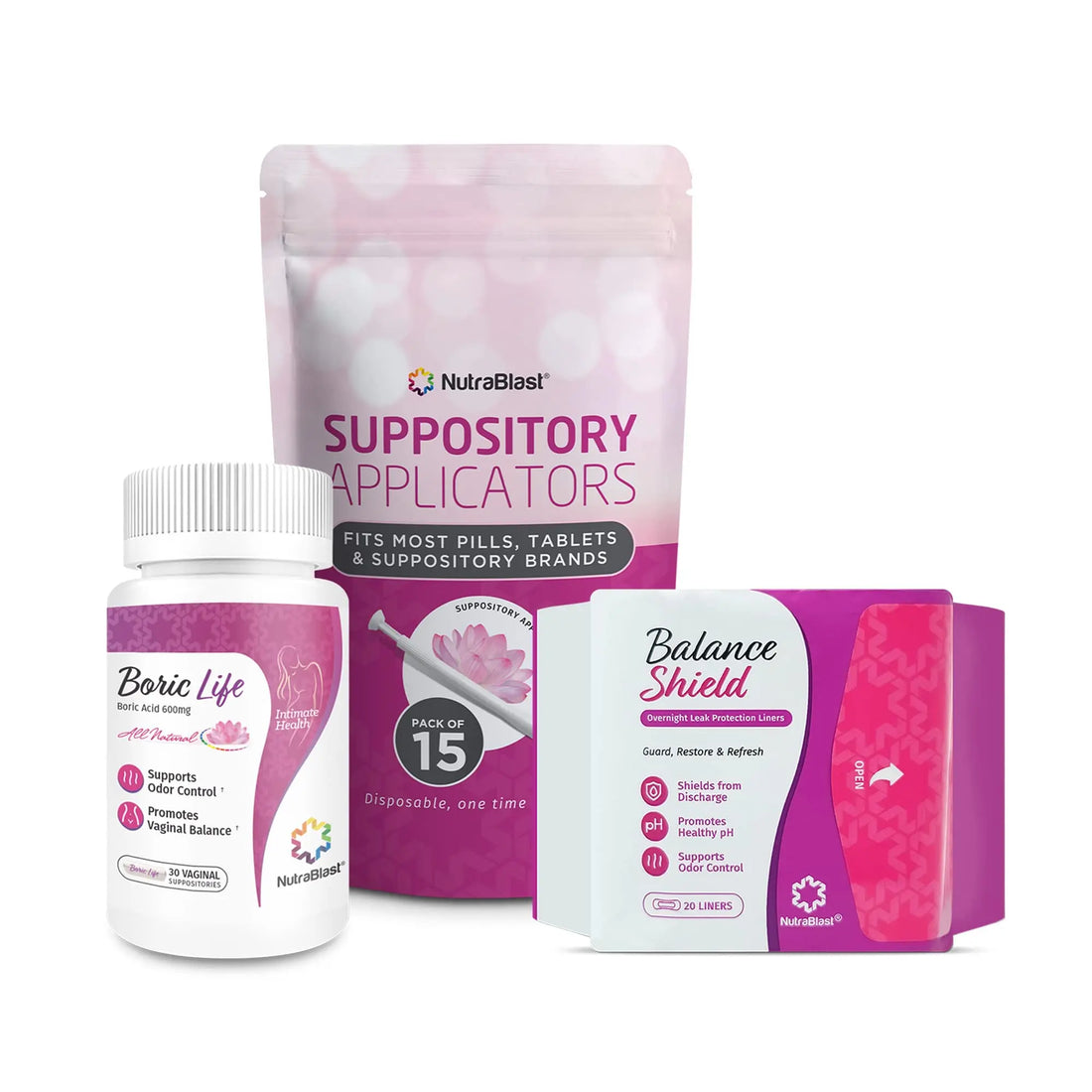 NutraBlast Boric Acid Suppositories 600mg (30 Count) Bundle with Disposable Applicators (15-Pack) and Balance Shield Panty Liners (180mm, 20-Pack) NutraBlast Au supplements