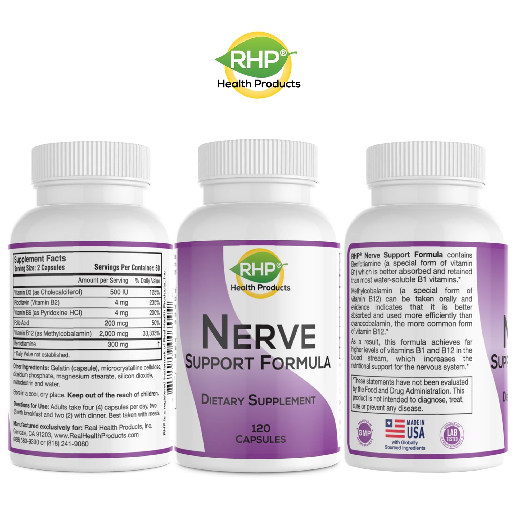RHP Nerve Support Formula. Nutritional Support of Neuropathy, Nerve Relief from Aches, Nerve Pain & Discomfort. B-Complex with Benfotiamine and Methyl B12. 120 Capsules RHP Au supplements