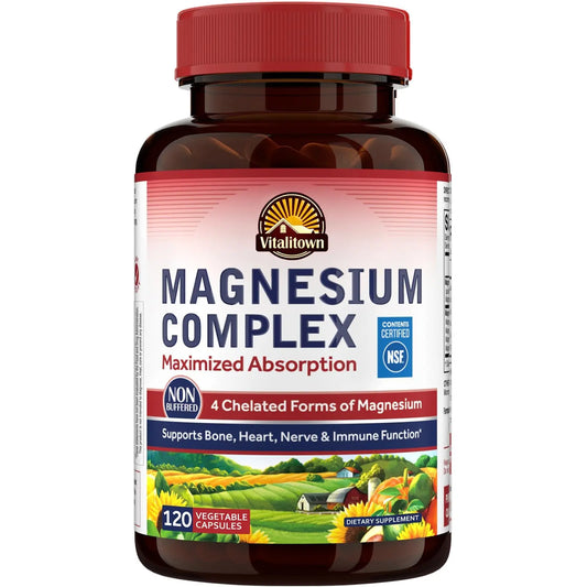Vitalitown Magnesium Complex Supplement 500mg - NSF Certified Magnesium Glycinate, Malate, Taurate & Citrate - Chelated High Absorption & Gentle on Stomach - Vegan Non-GMO 120 Capsules VITALITOWNAu supplements