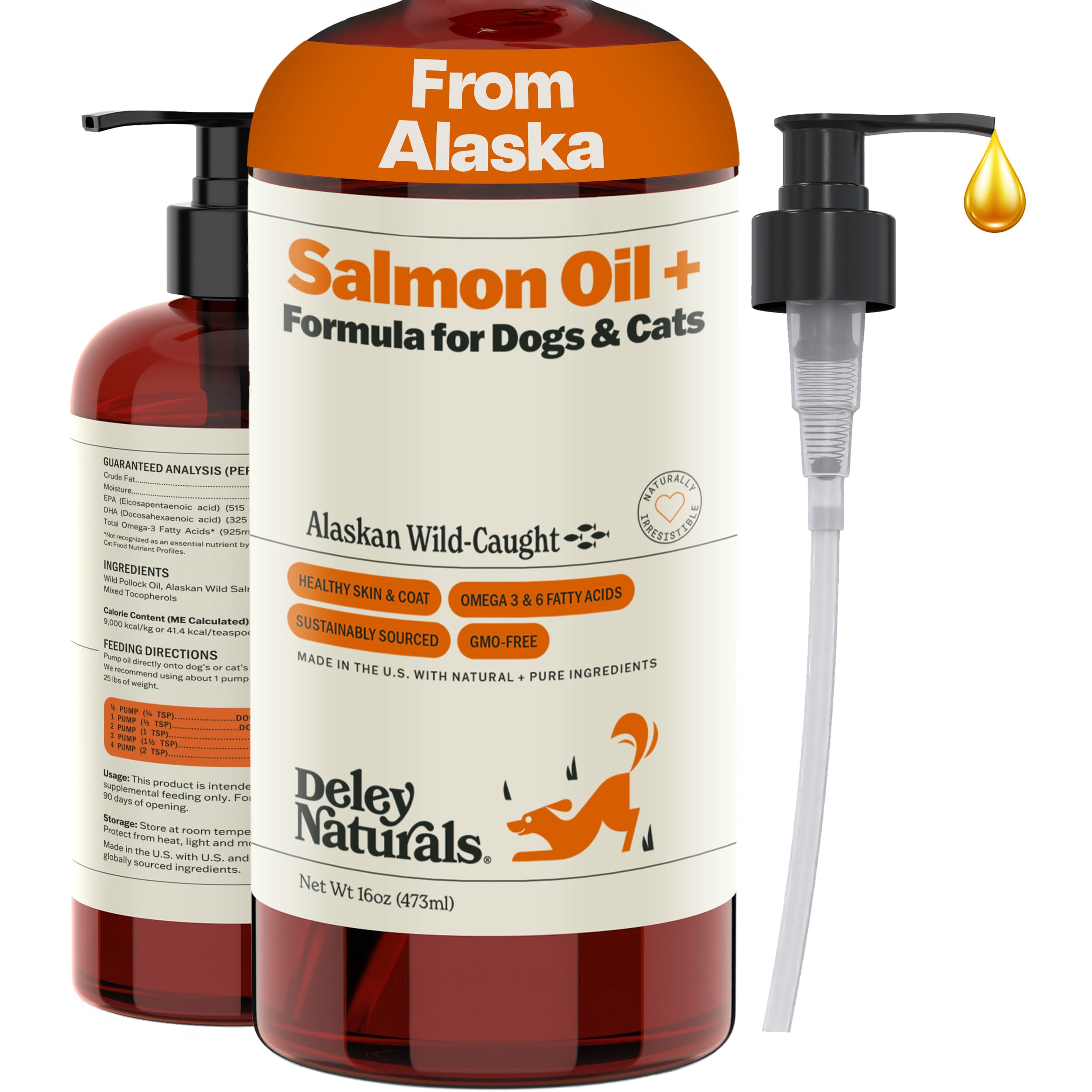 Deley Naturals Wild Alaskan Salmon Oil for Dogs & Cats - New and Improved Salmon Oil Plus Formula - Fish Oil for Dogs with Omega 3, DHA and EPA - Omega 3 for Healthy Skin and Coat - 16oz Made in USA Deley Naturals Au supplements