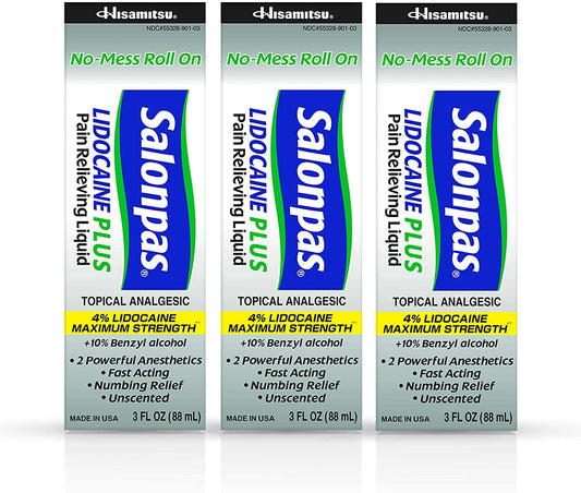 Salonpas LIDOCAINE Plus 3 oz ROLL ON Pain Relieving Liquid! Maximum Strength 4% Lidocaine for Numbing Pain Relief! Mess Free Application! (3 Pack) SalonpasAu supplements