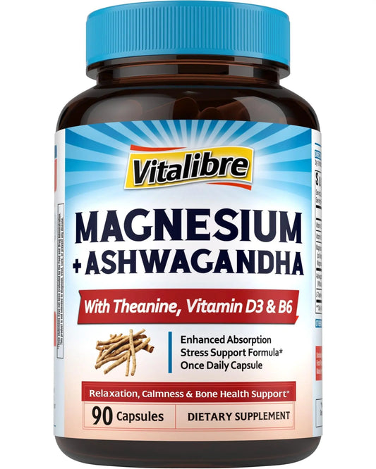 Vitalibre Magnesium Complex with Ashwagandha & L-Theanine - Stress Relief, Bone & Relaxation Support - w/Vitamin D3, B6 - Glycinate, Citrate, Malate, Taurate - 90 Vegan Capsules, Non-GMO, Gluten Free VitalibreAu supplements