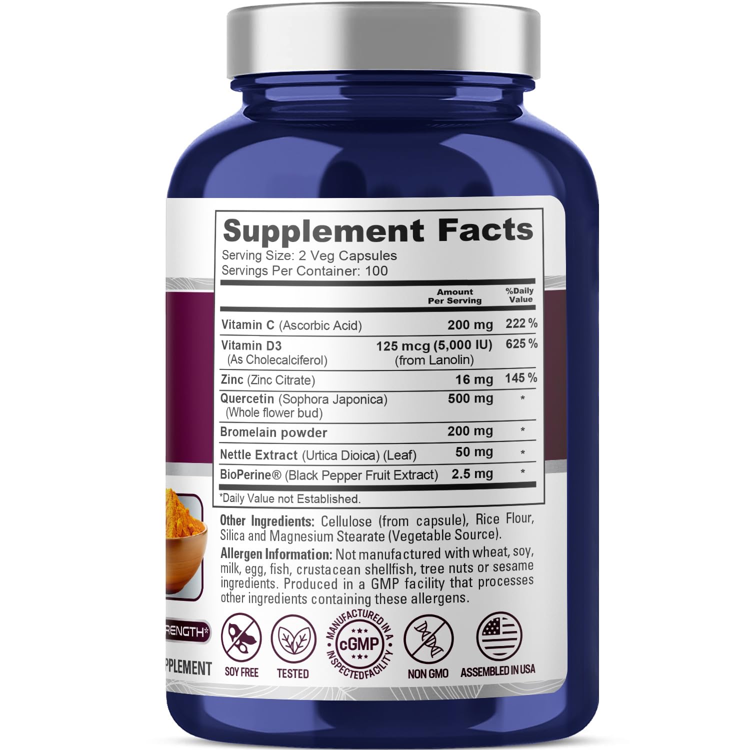 NusaPure Quercetin Complex: Bromelain, Vitamin C, Vitamin D3, Stinging Nettle, Zinc | 200 Veggie Caps (Non-GMO, Bioperine) NusaPure Au supplements
