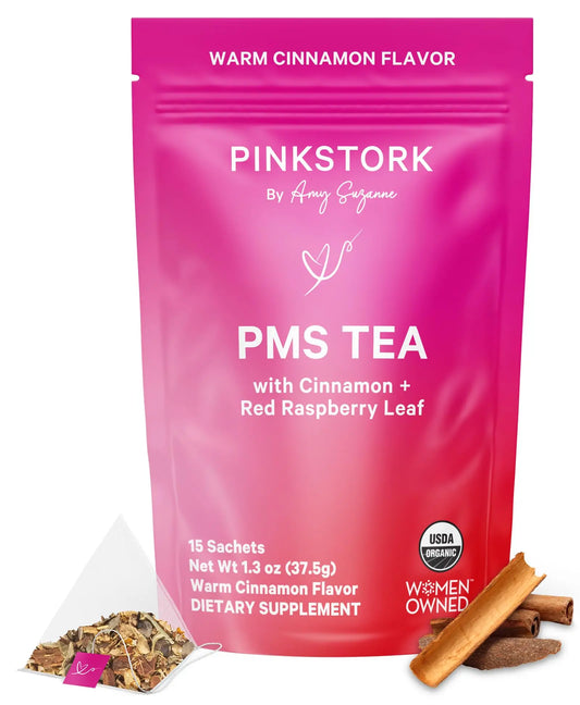 Pink Stork Organic PMS Tea for Hormone Balance, Mood Swings, Bloating, and Period Regularity - 8 Herbs - Vitex, Red Raspberry Leaf, Chamomile - Caffeine-Free - 15 Sachets, Hot or Iced Pink StorkAU supplements