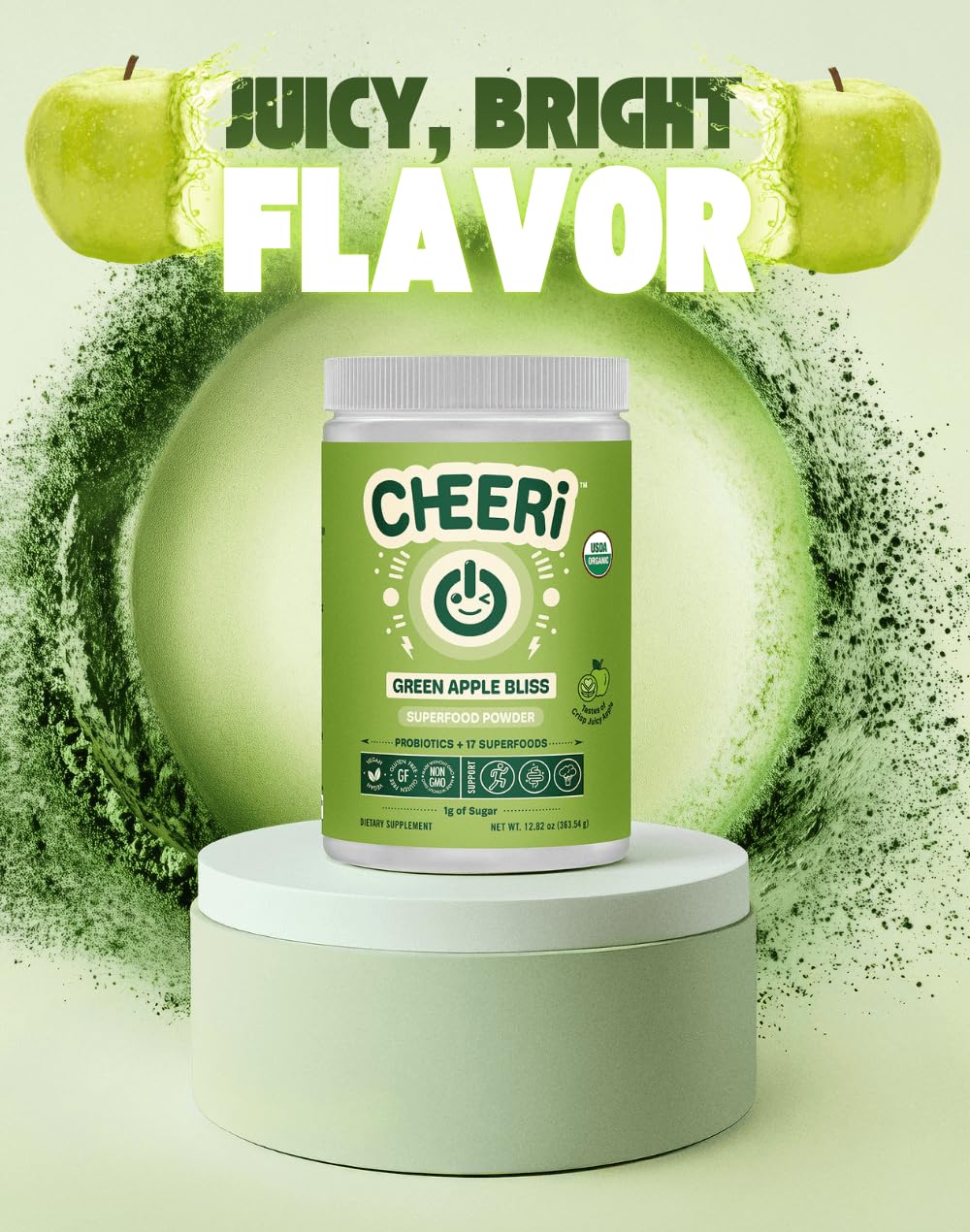 Cheerific Crisp Apple Greens Superfood Powder - 20+ Organic Superfoods + Prebiotic & Probiotics + More - Keto Friendly - Supports Positive Mood, Gut Health - Vegan, Gluten Free, Non-GMO - 30 Day Cheerific Au supplements