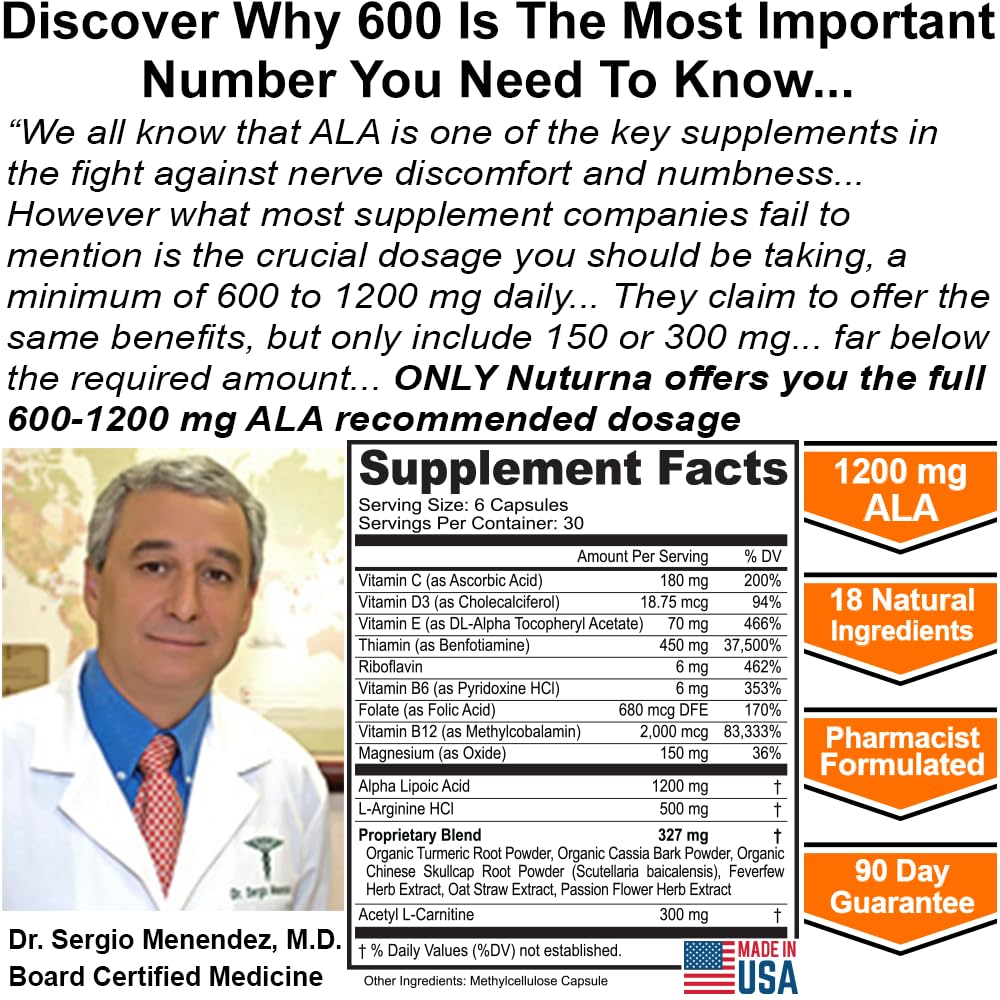 Neuroturna Support Supplement with 1200 mg Pure Alpha Lipoic Acid - Maximum Strength Formula with ALA + Vitamins + Minerals + Herbs - Best Natural Support - 180 Capsules Nuturna Au supplements