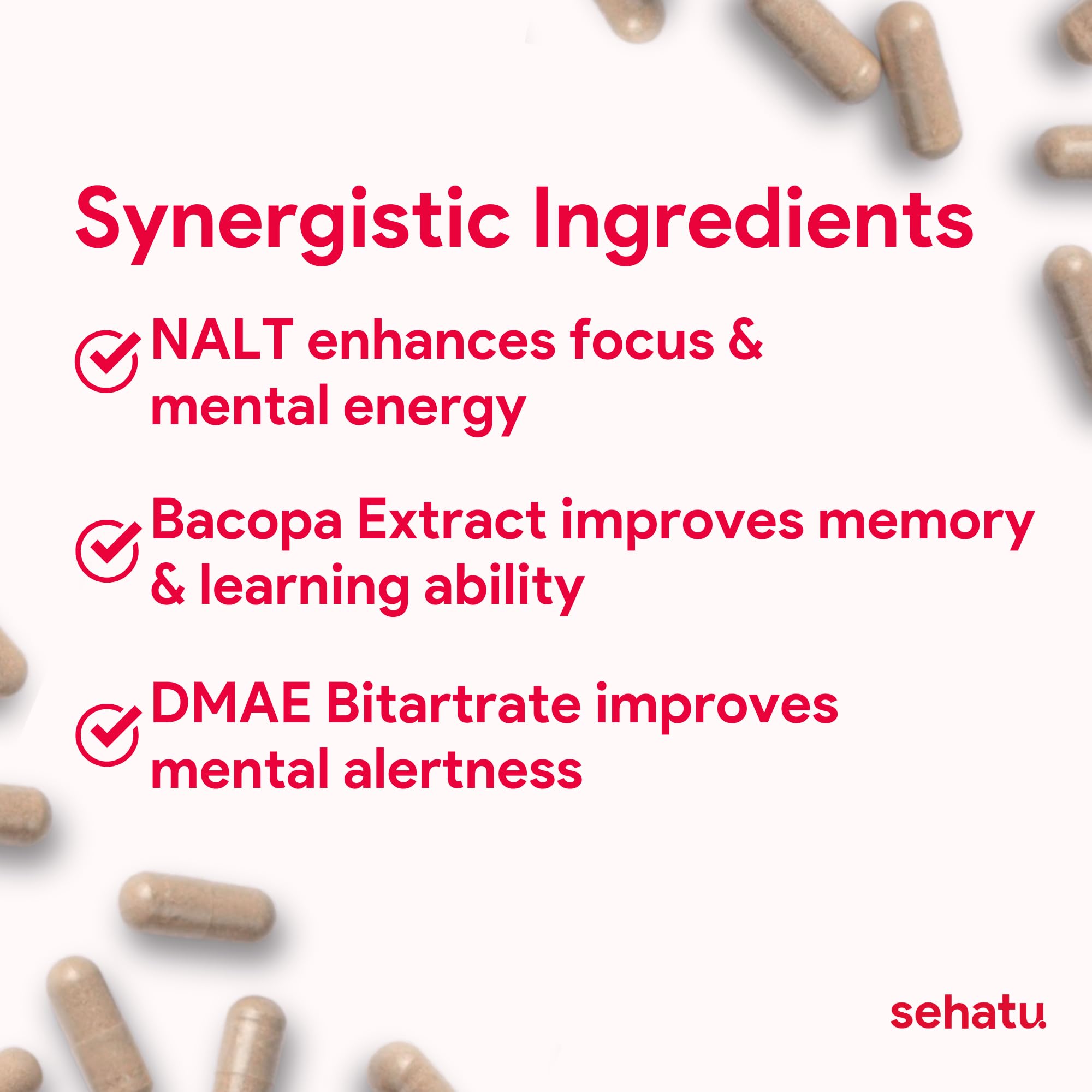 SEHATU Focus Plus Cognitive Performance Enhancer | with N-Acetyl L-Tyrosine, DMAE Bitartrate, GABA, Glutamic Acid | Boosts Focus, Enhances Memory, Supports Brain Health | 60 Count | 30 Day Supply SEHATU Au supplements