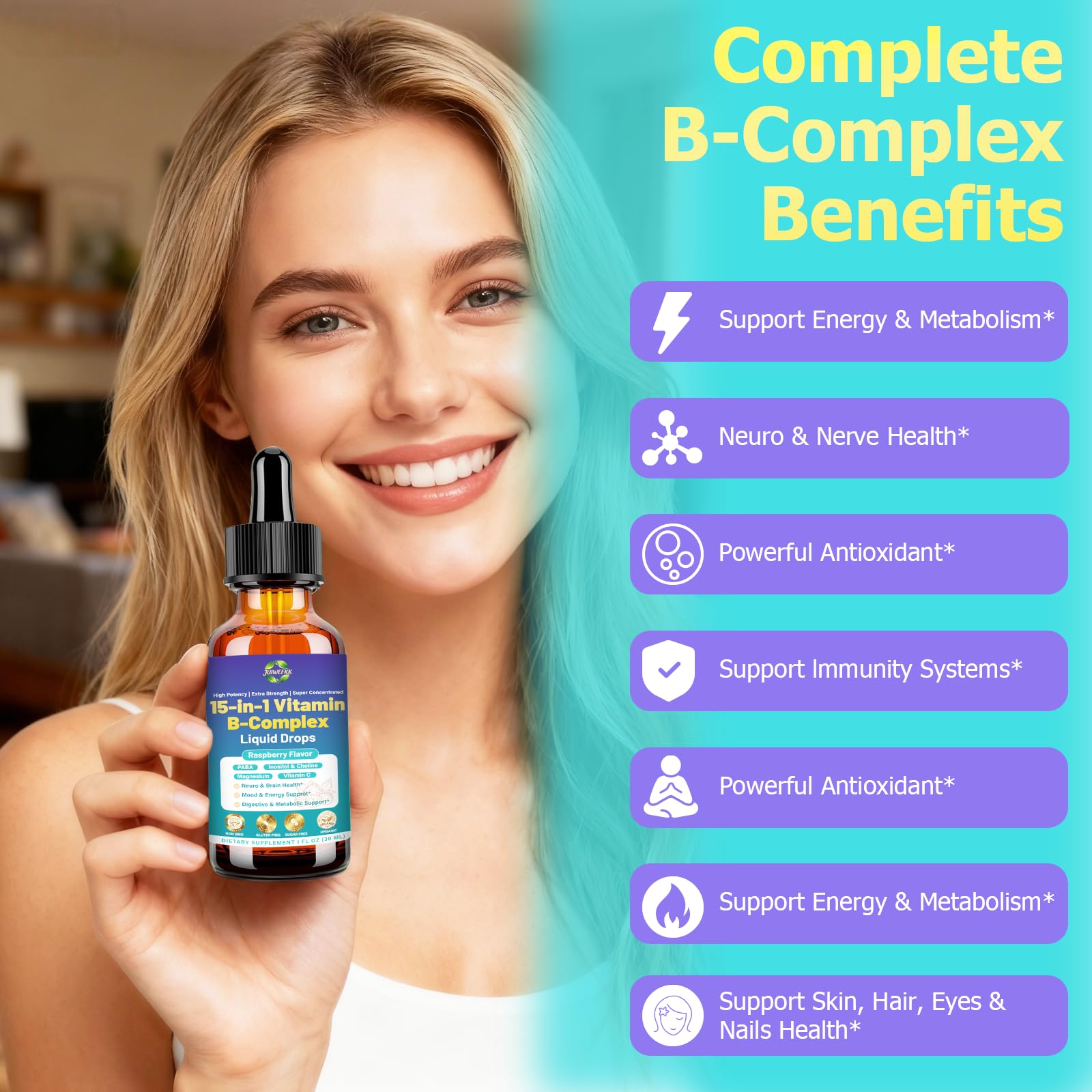 Advanced Vitamin B Complex Liquid Drops for Women Men & Kids, 15-in-1 VIT B Complex with Vitamin C B12 B6 B1 Niacin Folate for Brain Nerve Neuropathy Energy Mood Health, Sublingual B-Complex Drops JUIWEFKK Au supplements