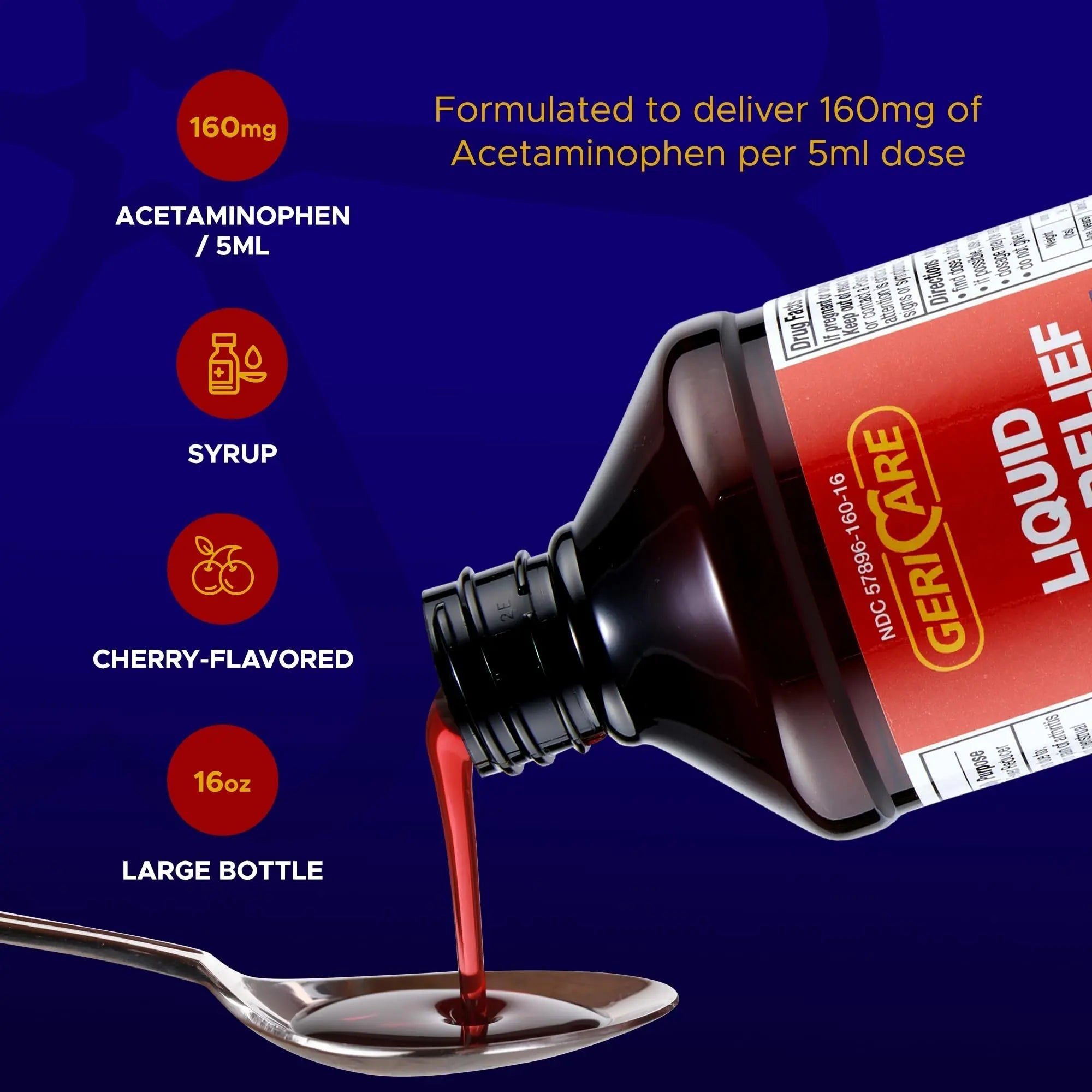 GeriCare Regular Strength Liquid Acetaminophen 160 mg, Pain Reliever, Fever Reducer, Aspirin & Alcohol Free, Cherry Flavored 16 Fl Oz (Pack of 2) GeriCare Au supplements