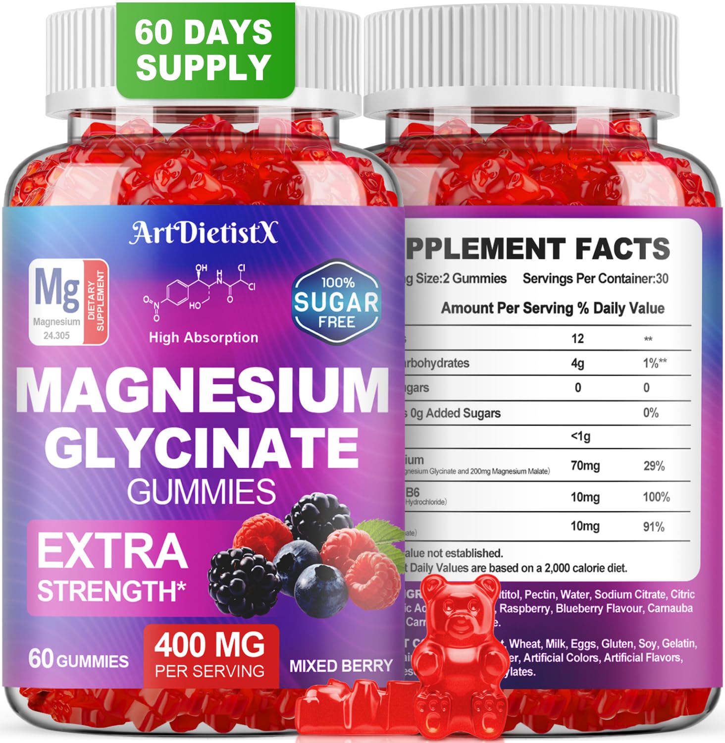 Magnesium Glycinate Gummies 400mg, Sugar Free Mаgnеsium Gummiеs for Adults with Magnesium Malate, Zinc, and Vitamin B6 for Sleep, Body Support and Relaxation, Non GMO, 60 Count-Multi-Flavor ArtDietistX Au supplements