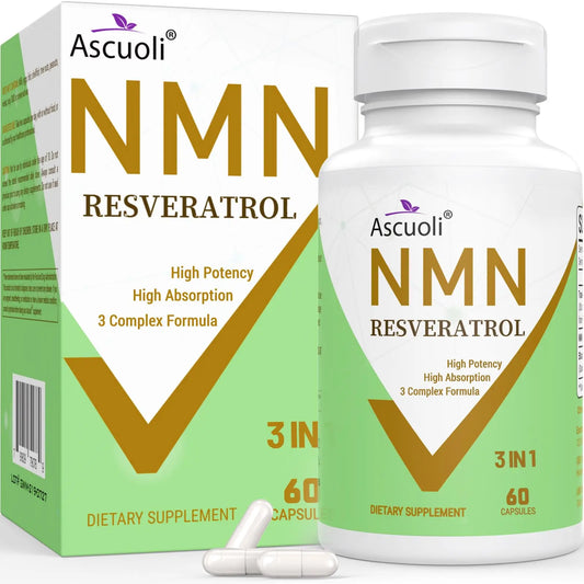 99% Ultra Purity NMN 500mg + Trans-Resveratrol 600mg, 1150mg NMN Resveratrol Supplement, 3-in-1 Advanced Formula for Boost* NAD, Cell, Immune, Energy & Muscle, Healthy Aging, Stabilized Form - 60 Caps AscuoliAU supplements