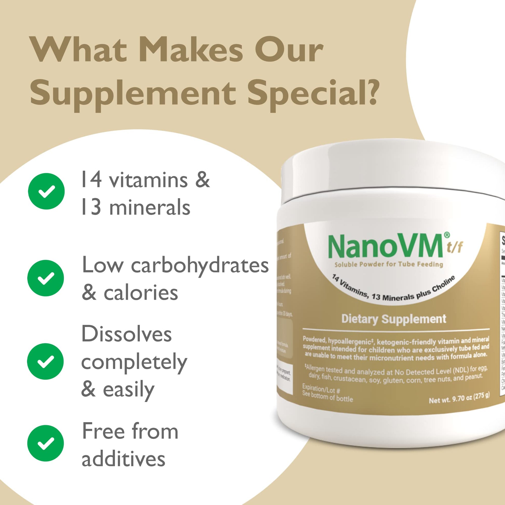 NanoVM t/f, Dietary Supplement for Tube Feeding, Allergen-Free Kids Multivitamin, Unflavored Vitamin Powder with 14 Vitamins & 13 Minerals, Low-Carb Kids Vitamins, 275g - Solace Nutrition NanoVM Au supplements