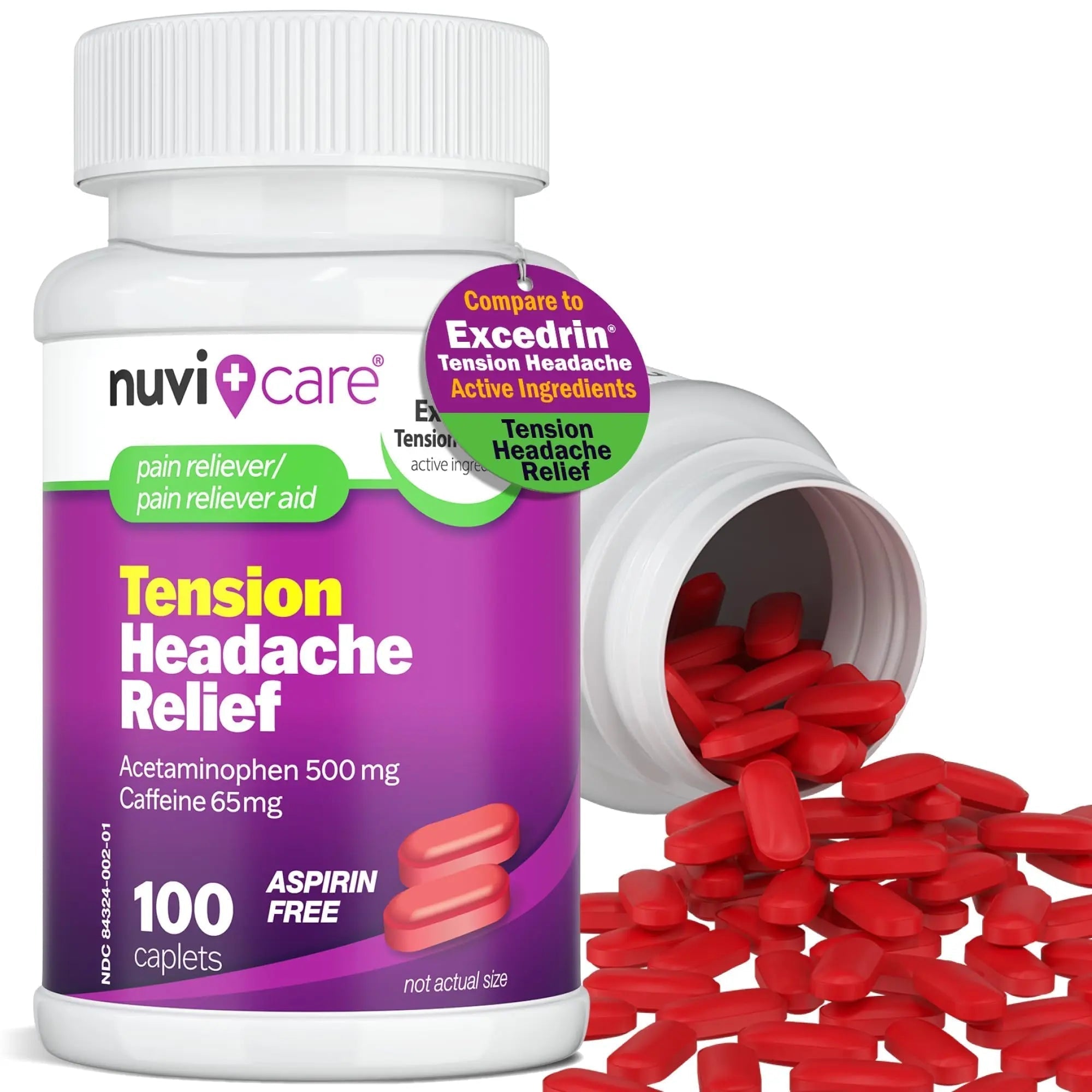 Nuvicare Tension Headache Relief Pills with 500mg Acetaminophen and 65mg Caffeine - Non Aspirin Pain Reliever Aid - Compare to Active Ingredient in Aspirin Free Excedrin Tension Headache (100 Caplets) NUVICARE Au supplements