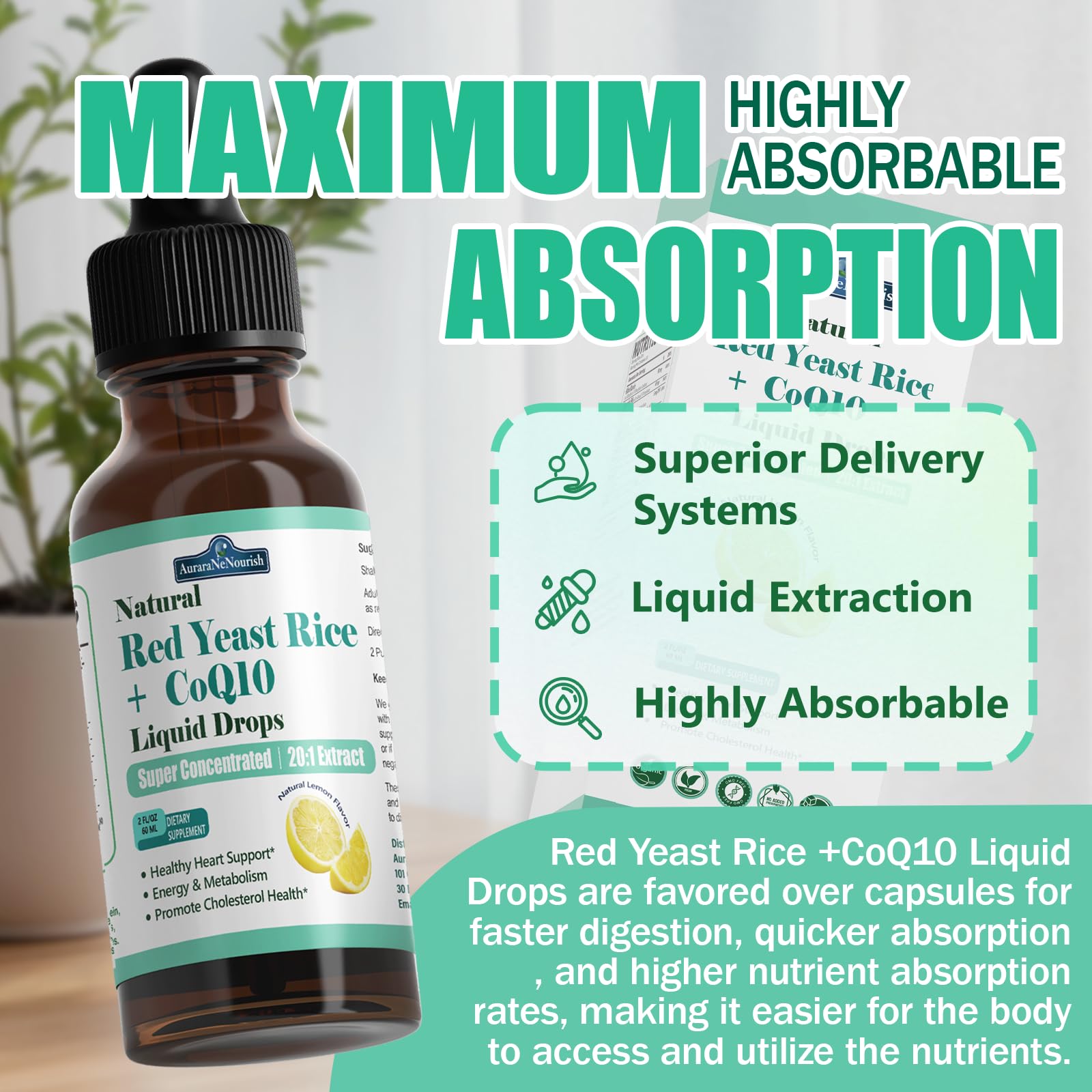 Liposomal Red Yeast Rice with Coq10 Liquid Drops, 5-in-1 Extra Strength 1200mg Cholesterol & Heart Support w. Citrus Bergamot Alpha Lipoic Acid | Cholesterol Lowering Supplement | GMO & Citrinin Free AuraraNeNourish Au supplements