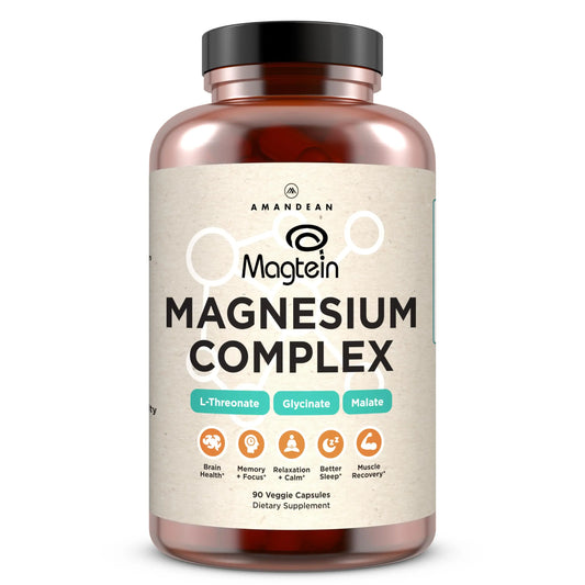 AMANDEAN Magtein Magnesium Complex. L-Threonate, Glycinate, Malate Triple Blend Chelated Magnesium Supplement. 90 Veggie Capsules. High Absorption Branded Ingredients. Brain Health, Sleep, Calm*. AMANDEANAu supplements