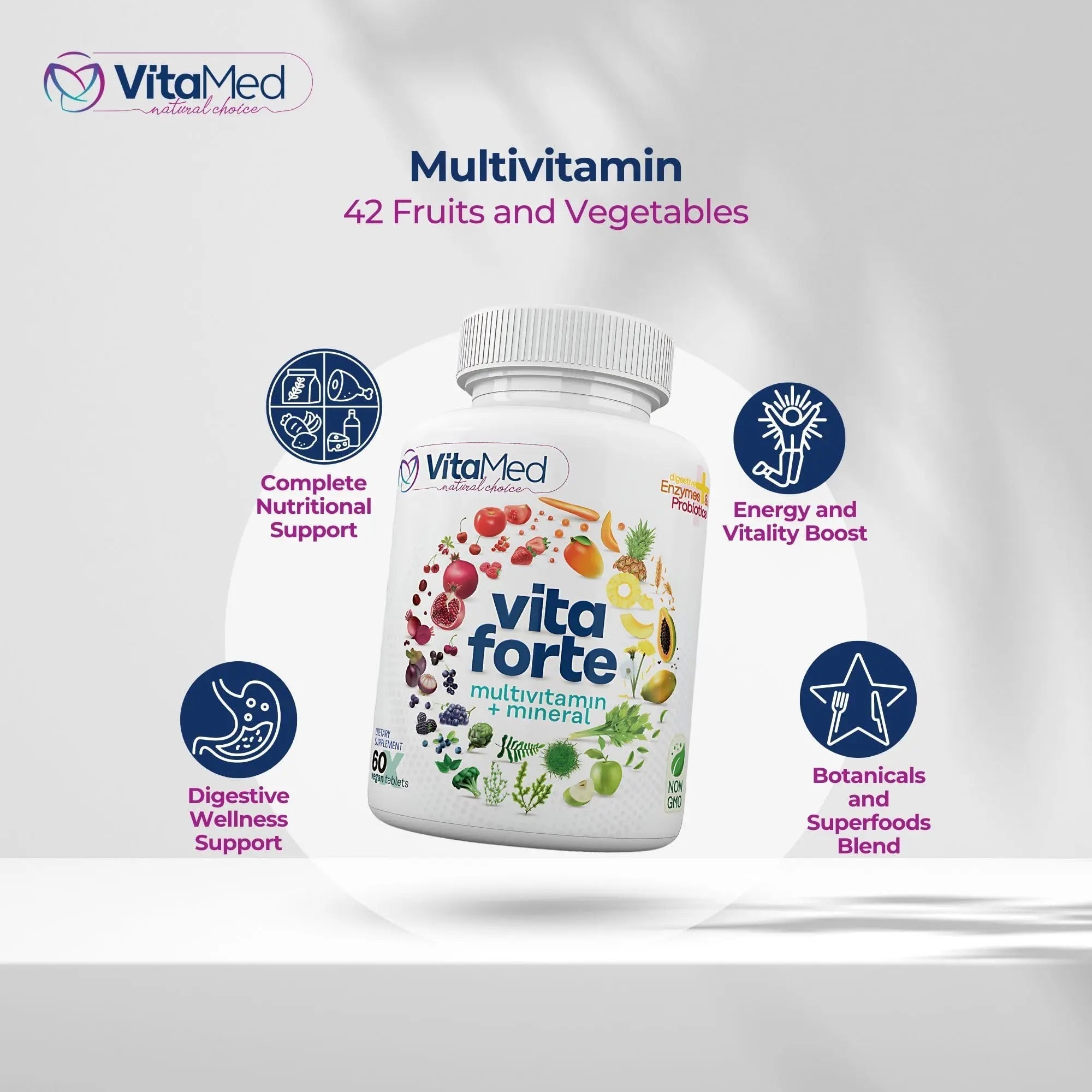 Vita Forte Vegan Multivitamin with Probiotics, Digestive Enzymes & 42 Fruits & Vegetables – Halal Certified VitaMed Au supplements