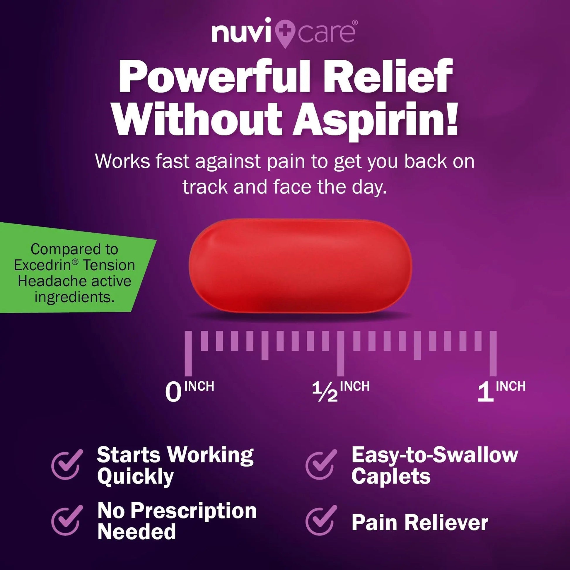 Nuvicare Tension Headache Relief Pills with 500mg Acetaminophen and 65mg Caffeine - Non Aspirin Pain Reliever Aid - Compare to Active Ingredient in Aspirin Free Excedrin Tension Headache (100 Caplets) NUVICARE Au supplements